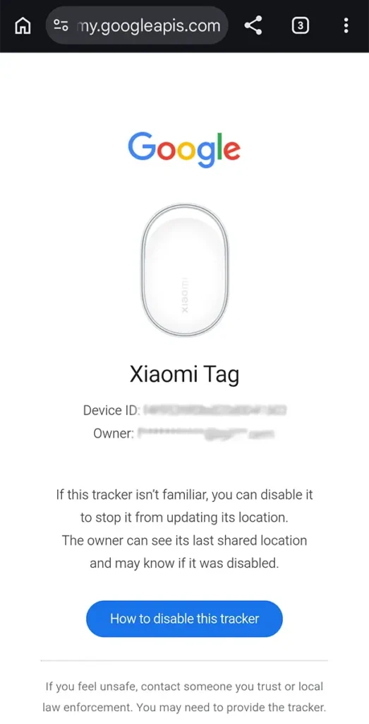 Pantalla de información del Xiaomi Tag al escanear su NFC en la red de Google, con instrucciones para desactivarlo si no pertenece al usuario.