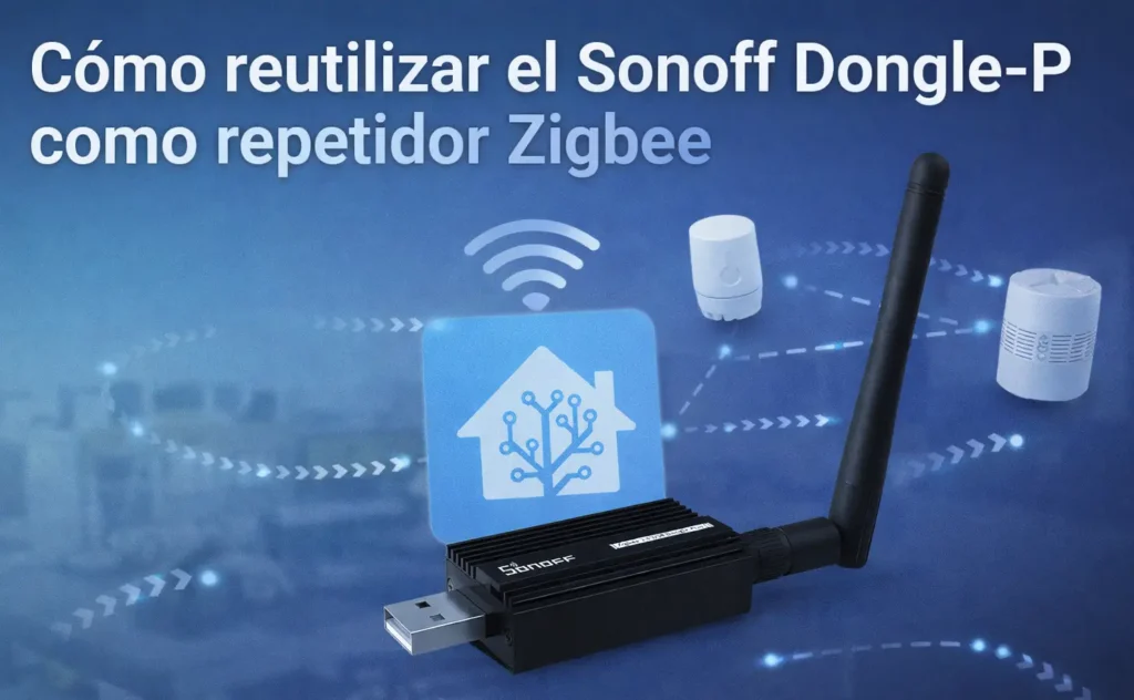 Imagen de portada mostrando el Sonoff Dongle-P como repetidor Zigbee con ilustración de red domótica y dispositivos conectados en un entorno inteligente.