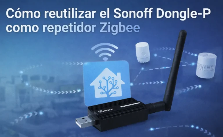 Imagen de portada mostrando el Sonoff Dongle-P como repetidor Zigbee con ilustración de red domótica y dispositivos conectados en un entorno inteligente.