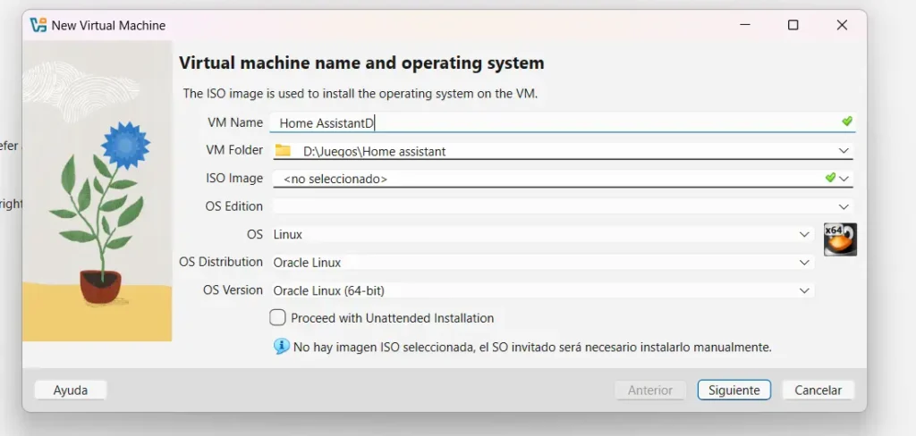 Ventana de creación de nueva máquina virtual en Oracle VirtualBox con el nombre Home Assistant, sistema Linux y versión Oracle Linux de 64 bits seleccionados.