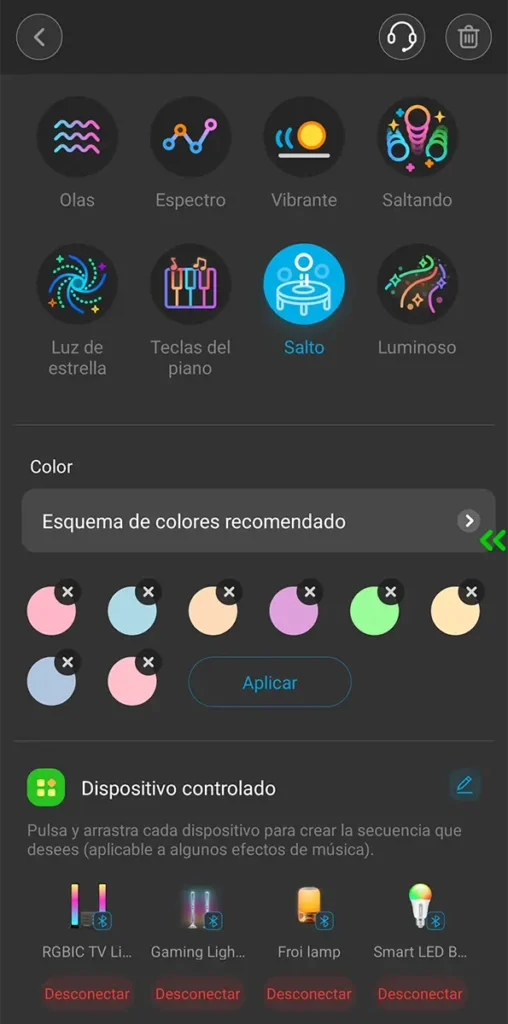 Pantalla de la app de Govee con efectos musicales y control combinado de varias luces, incluida la Govee Table Lamp 2 Pro x Sound by JBL