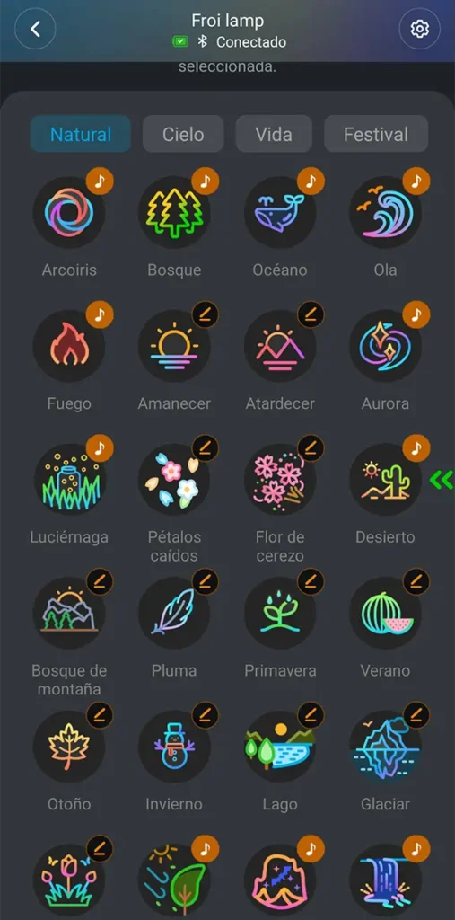 Pantalla de la app de Govee con varios efectos de iluminación disponibles para la Govee Table Lamp 2 Pro x Sound by JBL
