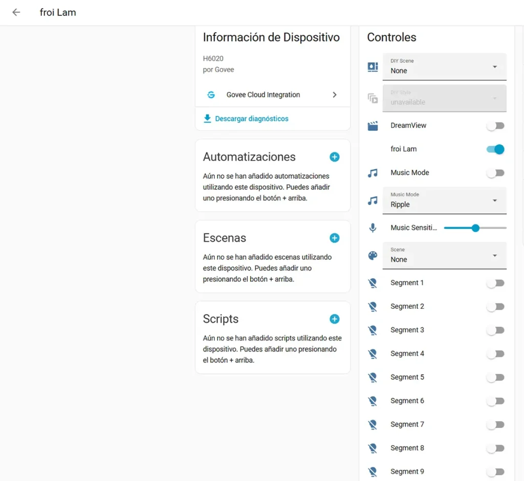Panel de control de la Govee Table Lamp 2 Pro x Sound by JBL en Home Assistant mediante Govee Cloud Integration con opciones de DreamView, modo música y segmentos de luz
