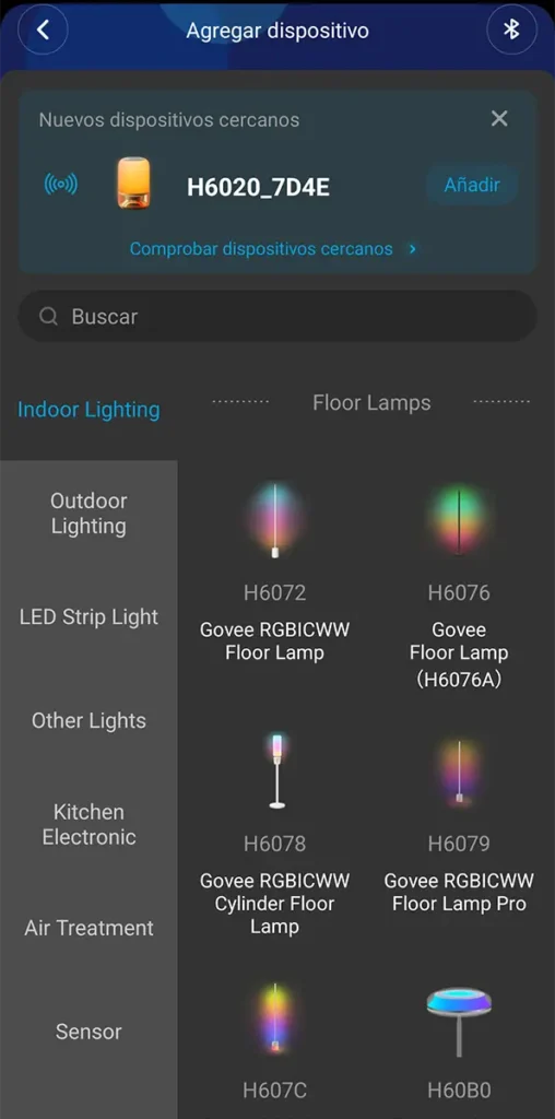 Pantalla de la app de Govee detectando la Govee Table Lamp 2 Pro x Sound by JBL durante el proceso de instalación