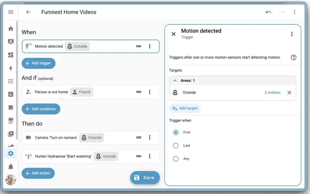 Editor de automatizaciones de Home Assistant con los nuevos triggers de detección de movimiento y condiciones basadas en áreas.