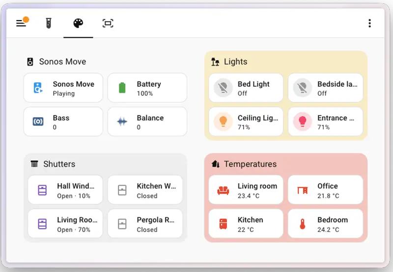 Panel de Home Assistant con secciones personalizadas y colores de fondo para agrupar dispositivos y facilitar la visualización del hogar inteligente.