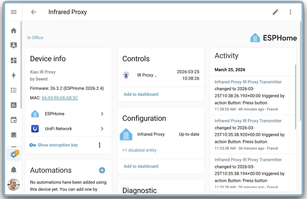 Captura de la integración Infrared Proxy en Home Assistant con un dispositivo ESPHome configurado para controlar dispositivos por infrarrojos.