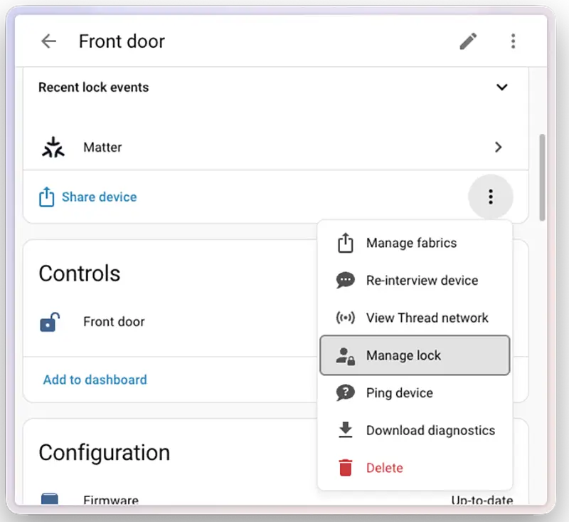Pantalla de una cerradura Matter en Home Assistant con la nueva opción para gestionar usuarios y códigos de acceso directamente desde la interfaz.
