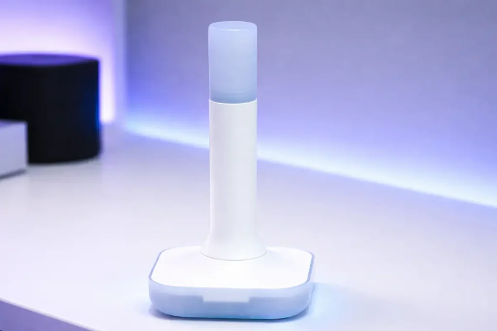 Adaptador Home Assistant Connect ZBT-2 sobre escritorio moderno con iluminación azul tipo gaming y fondo desenfocado, ideal para domótica con Zigbee y Thread