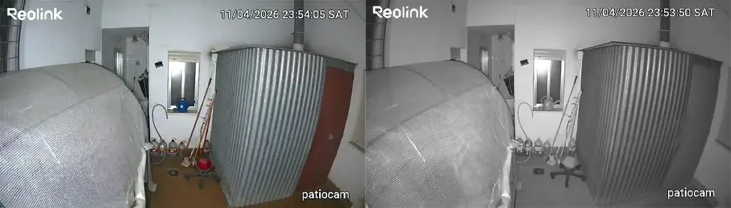 Comparativa de visión nocturna de la Reolink Solar Floodlight Cam en modo color y en blanco y negro en un patio interior
