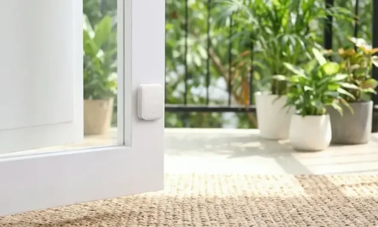 Sensor Aqara P100 instalado en una puerta acristalada abierta con terraza y plantas al fondo