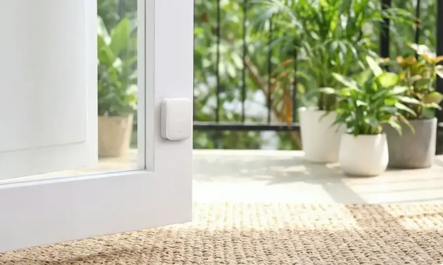 Sensor Aqara P100 instalado en una puerta acristalada abierta con terraza y plantas al fondo