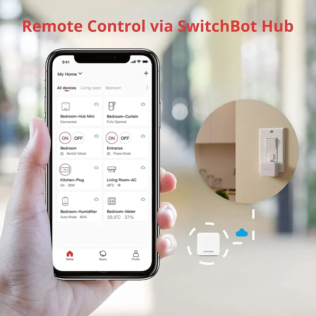 SwitchBot Bot Rechargeable controlado a distancia desde la app mediante un SwitchBot Hub