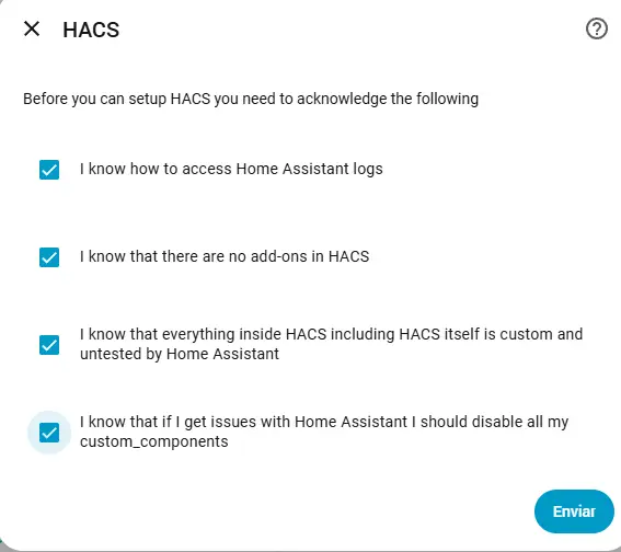 Pantalla de configuración de HACS en Home Assistant con los avisos de seguridad marcados antes de continuar.