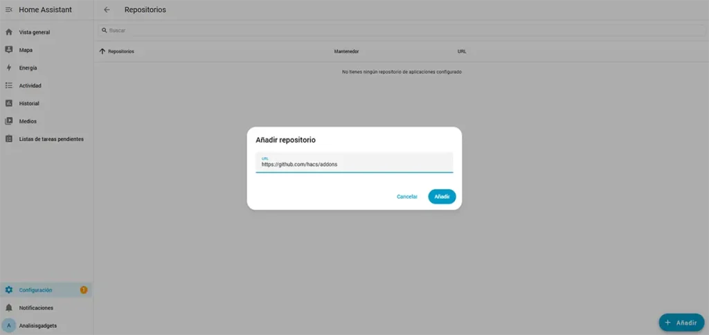 Pantalla de Home Assistant añadiendo el repositorio de HACS con la URL de GitHub correspondiente.