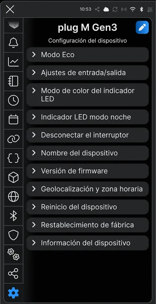Pantalla de configuración del Shelly Plug M Gen3 en la app Shelly Smart Control, con opciones como Modo Eco, ajustes de entrada/salida, LED, firmware y reinicio del dispositivo.