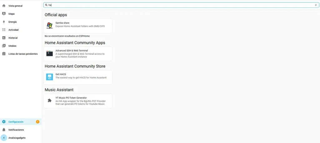 Búsqueda de Get HACS en la tienda de aplicaciones de Home Assistant tras añadir el repositorio de HACS.