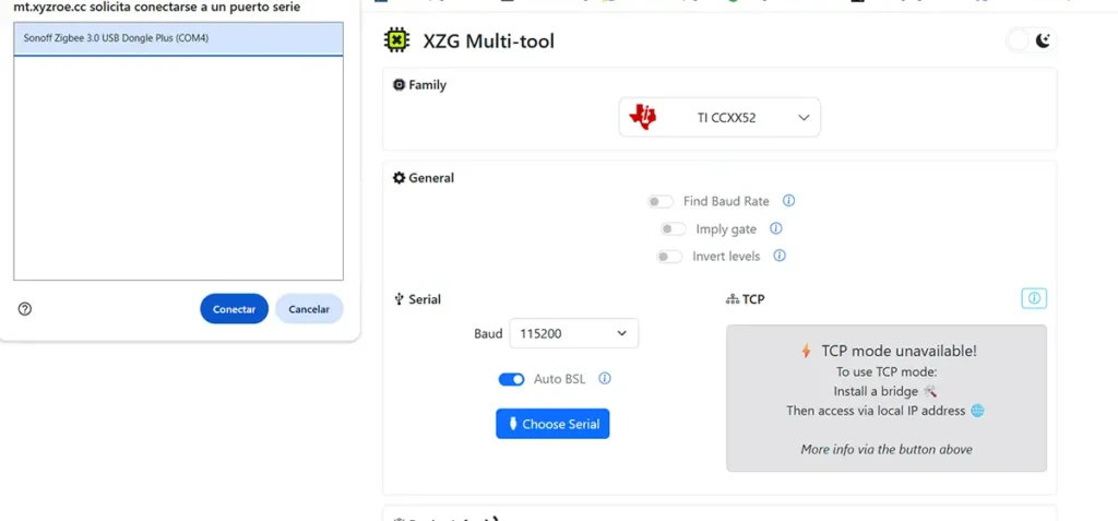 Captura de XZG Multi-tool seleccionando la familia TI CCXX52 y el puerto serie del Sonoff Dongle-P para cambiar su IEEE.