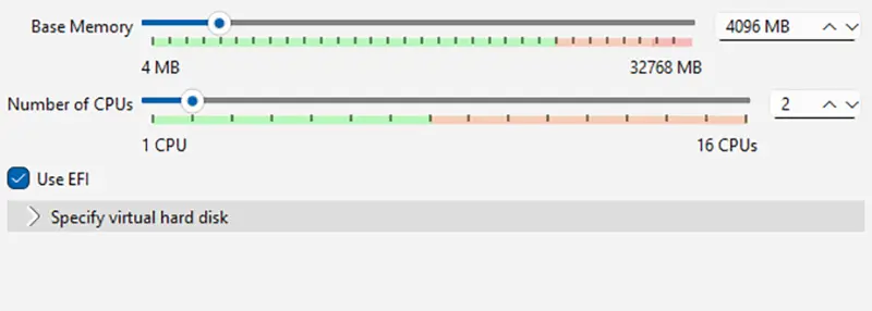 Ajustes de memoria RAM, número de CPU y opción Use EFI activada al crear la máquina virtual de Home Assistant en VirtualBox.