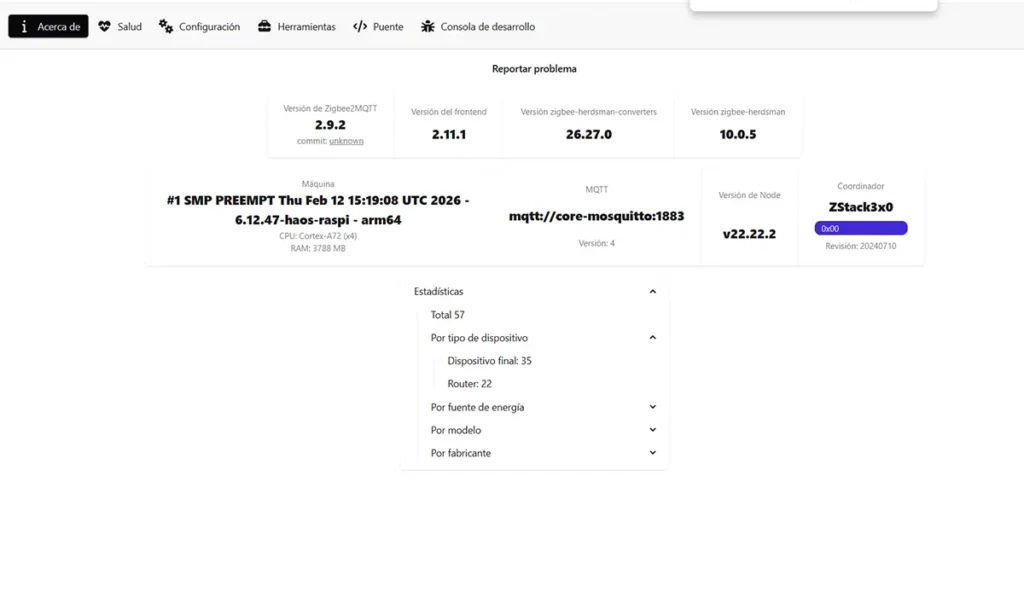 Vista de Zigbee2MQTT en Home Assistant mostrando la pantalla Acerca de con el coordinador Sonoff Dongle-P, la IEEE del coordinador y las estadísticas de la red Zigbee.