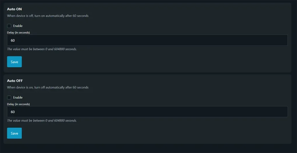 Configuración de la función inching del Shelly Plug M Gen3 en su interfaz web, con opciones Auto ON y Auto OFF para encender o apagar automáticamente el enchufe tras 60 segundos.