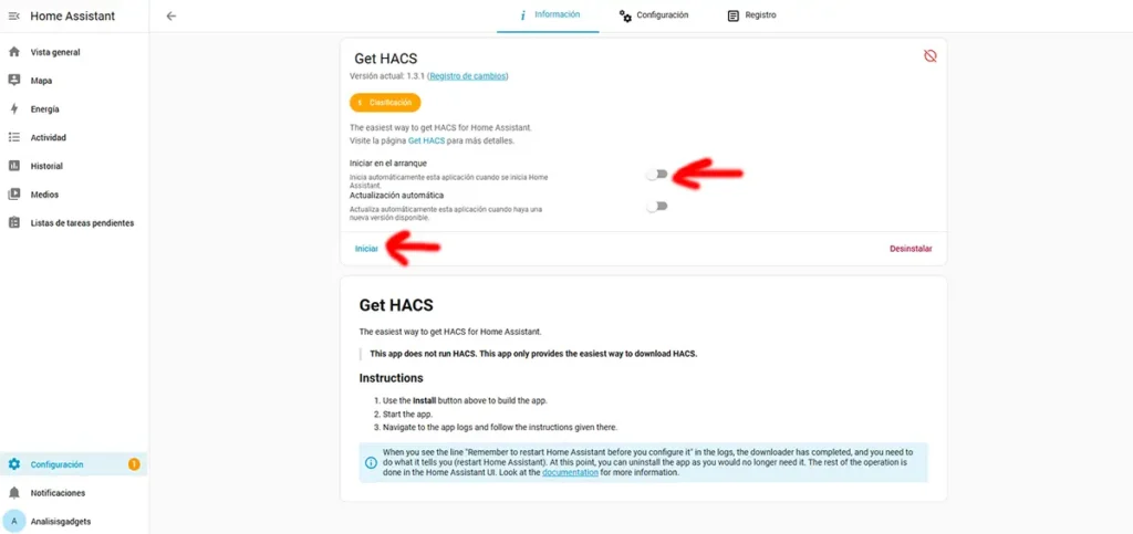 Pantalla de Get HACS en Home Assistant con las opciones de iniciar en el arranque y ejecutar la aplicación.