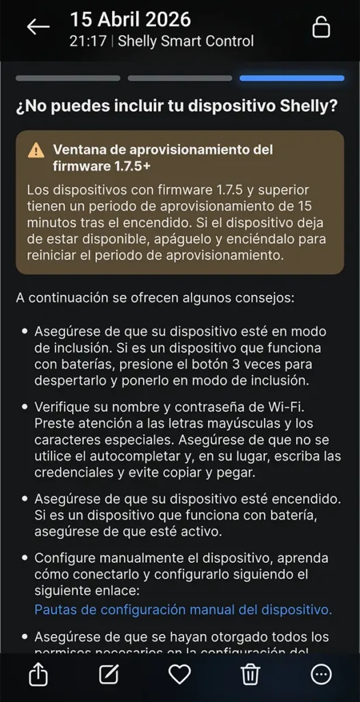 Pantalla de la app Shelly Smart Control mostrando el aviso de ventana de aprovisionamiento del firmware 1.7.5+ durante la instalación del Shelly Plug M Gen3.