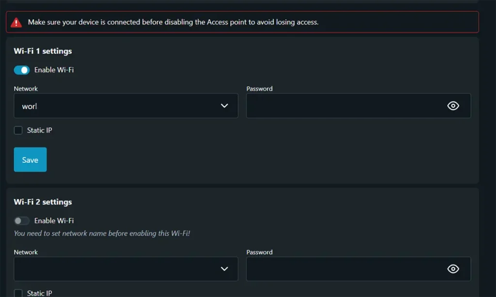 Configuración WiFi del Shelly Plug M Gen3 desde su interfaz web en modo punto de acceso, con campos para red, contraseña e IP estática.