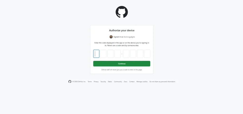 Pantalla de GitHub para introducir el código de activación de HACS y autorizar el dispositivo.