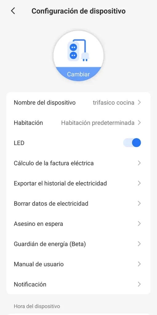 Pantalla de configuración de la regleta inteligente Meross MSP844 en la app de Meross con opciones de LED, cálculo de factura eléctrica y ahorro de energía