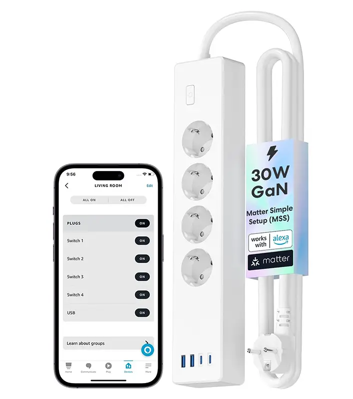Regleta inteligente Meross MSP844 con Matter, cuatro enchufes y cuatro puertos USB