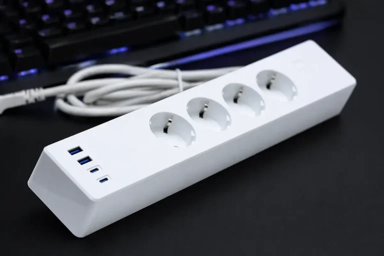 Regleta inteligente Meross MSP844 sobre una mesa negra con teclado retroiluminado al fondo en una imagen de portada editada