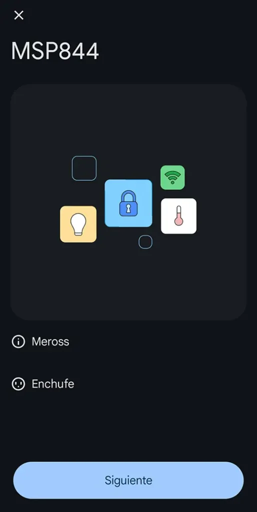 Pantalla de Google Home mostrando la regleta inteligente Meross MSP844 detectada como enchufe mediante Matter