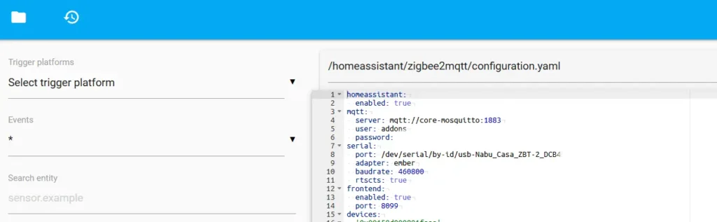 ditor de archivos mostrando configuration.yaml de Zigbee2MQTT con el bloque serial modificado para usar el Home Assistant Connect ZBT-2 con adapter: ember, baudrate: 460800 y rtscts: true.