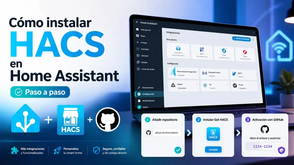 Imagen de portada del tutorial para instalar HACS en Home Assistant paso a paso, con un portátil mostrando Home Assistant y los pasos de instalación con GitHub