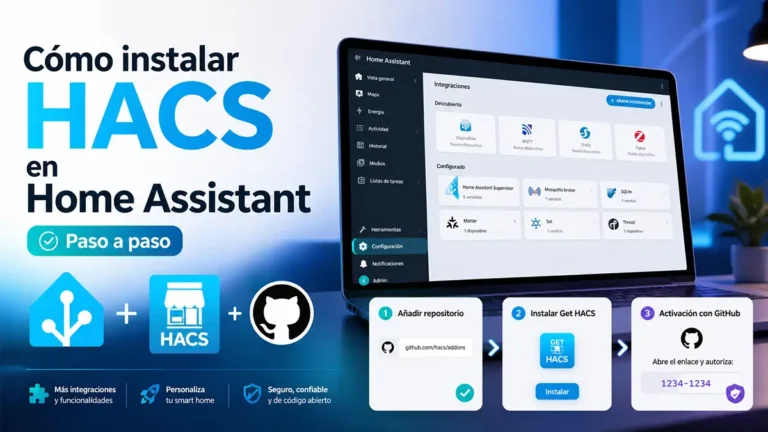 Imagen de portada del tutorial para instalar HACS en Home Assistant paso a paso, con un portátil mostrando Home Assistant y los pasos de instalación con GitHub