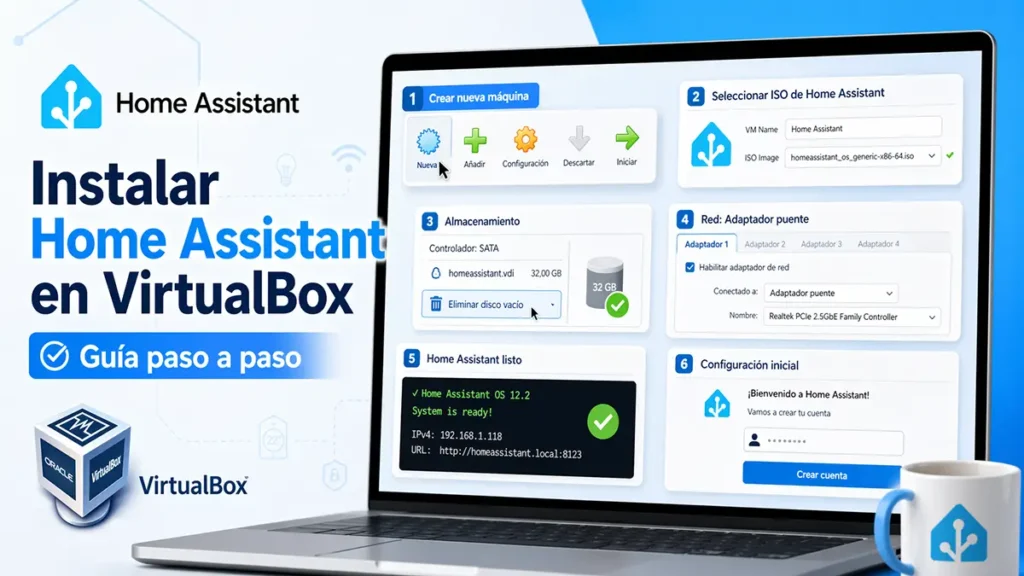 Portada ilustrada de un tutorial para instalar Home Assistant en VirtualBox, con una guía visual paso a paso mostrada en la pantalla de un portátil.