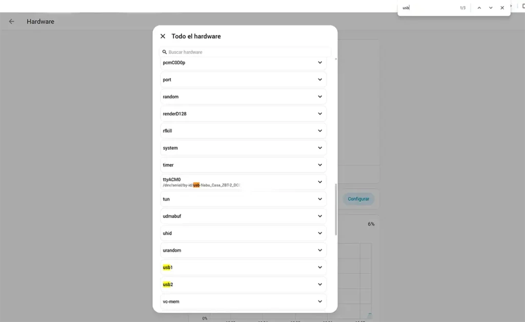 Pantalla de Hardware en Home Assistant mostrando la opción Todo el hardware y la ruta del Home Assistant Connect ZBT-2, con ttyACM0 y /dev/serial/by-id/... visibles para configurar Zigbee2MQTT.