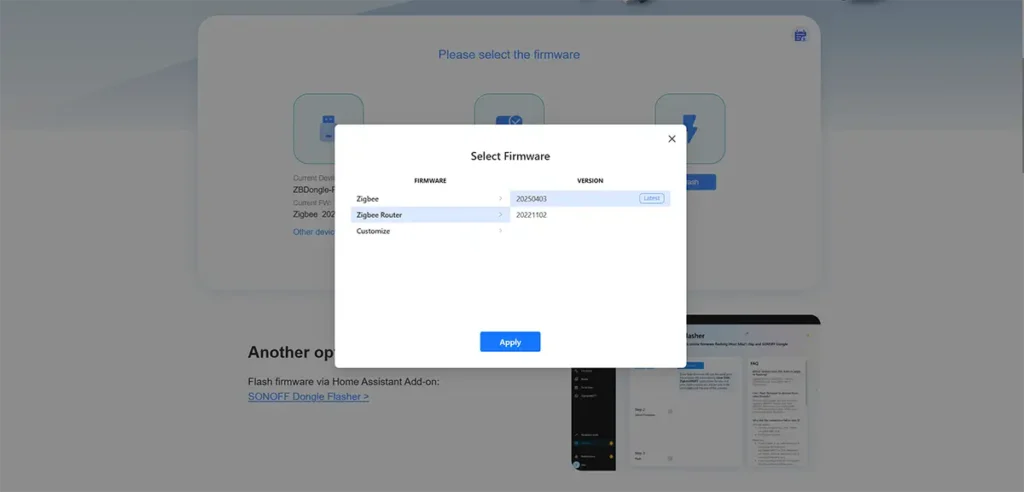 Captura del flasher oficial de SONOFF seleccionando el firmware Zigbee Router para usar el Sonoff Dongle-P como repetidor Zigbee.
