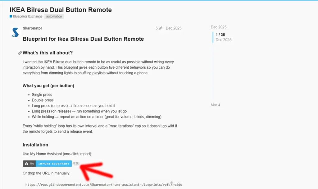 Botón Import Blueprint para instalar el plano del IKEA BILRESA Dual Button en Home Assistant