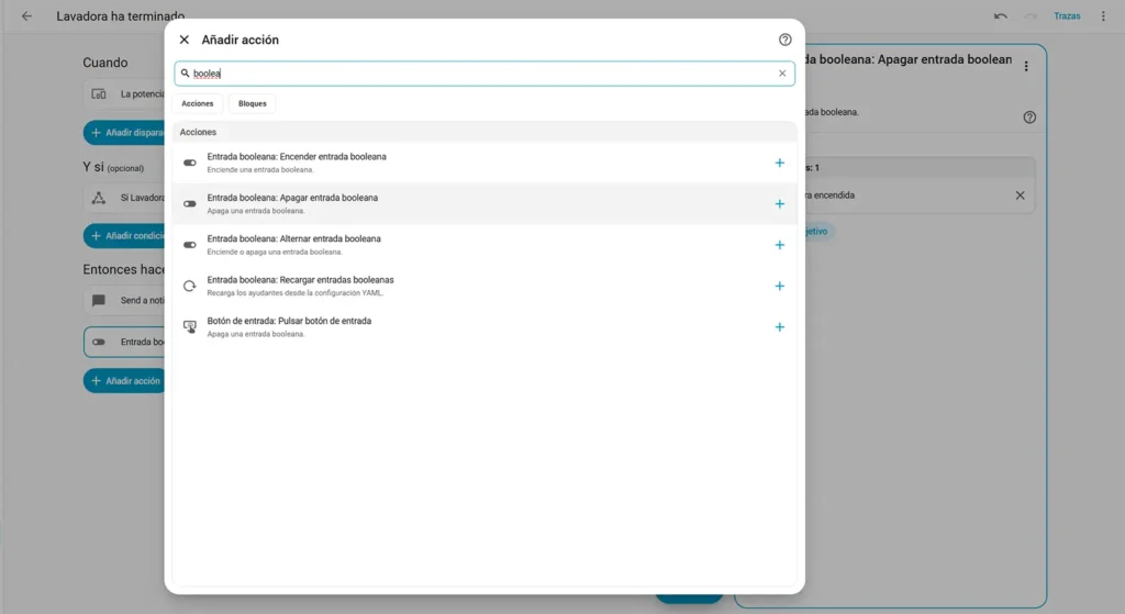 Pantalla de Home Assistant mostrando la acción para apagar una entrada booleana después de enviar la notificación de lavadora terminada.
