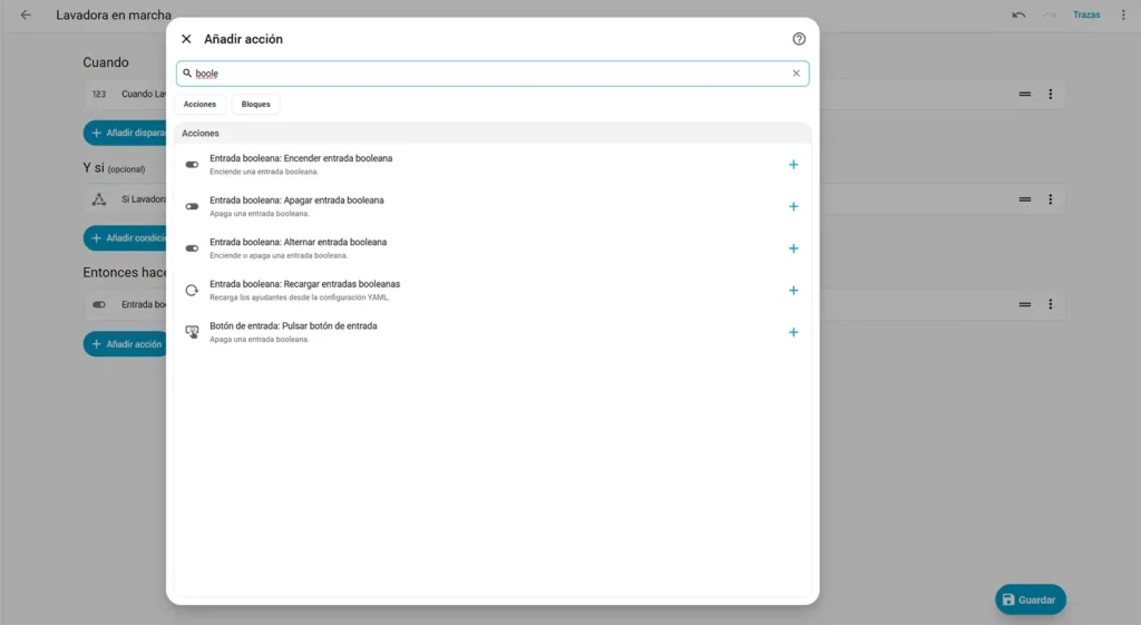Pantalla de Home Assistant mostrando la acción para encender una entrada booleana en la automatización de la lavadora.