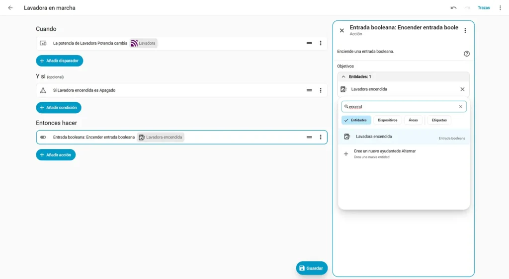 Acción de Home Assistant configurada para encender el ayudante Lavadora encendida dentro de la automatización de la lavadora.