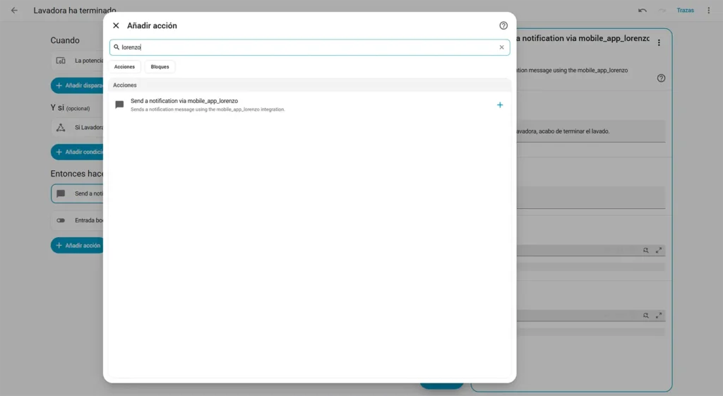 Pantalla de Home Assistant mostrando la acción para enviar una notificación al móvil cuando termina la lavadora.