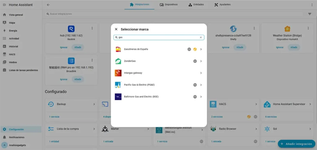 Búsqueda de Gasolineras de España al añadir una nueva integración en Home Assistant