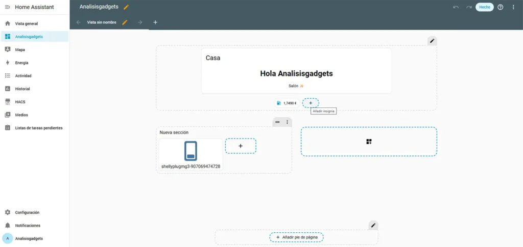 Panel de Home Assistant en modo edición con el botón Añadir insignia señalado para mostrar el precio actual de la luz con PVPC Next.