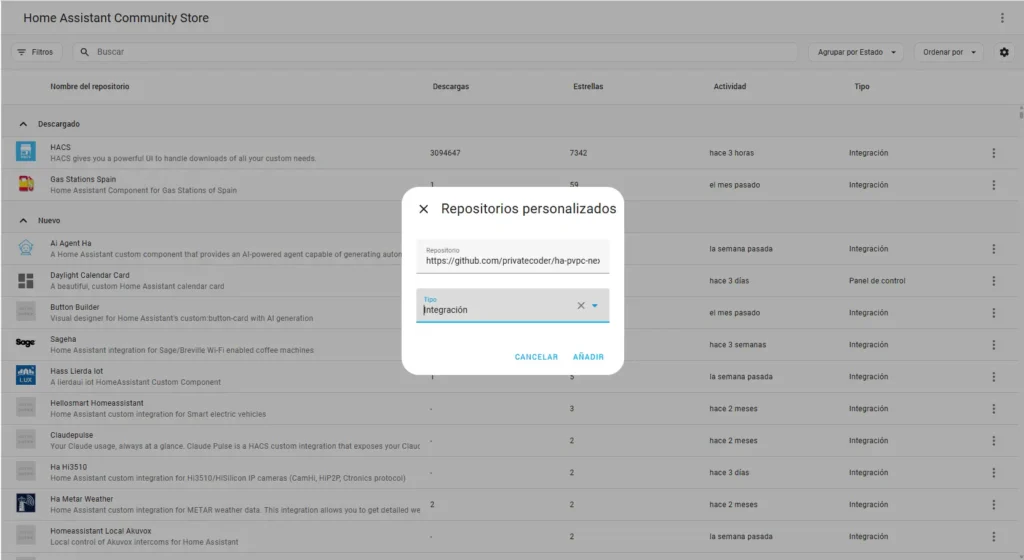 Ventana de repositorios personalizados de HACS en Home Assistant con el repositorio de PVPC Next añadido como integración.