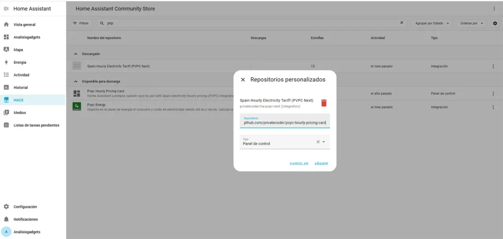 Ventana de repositorios personalizados de HACS con el repositorio PVPC Hourly Pricing Card añadido como panel de control para Home Assistant.