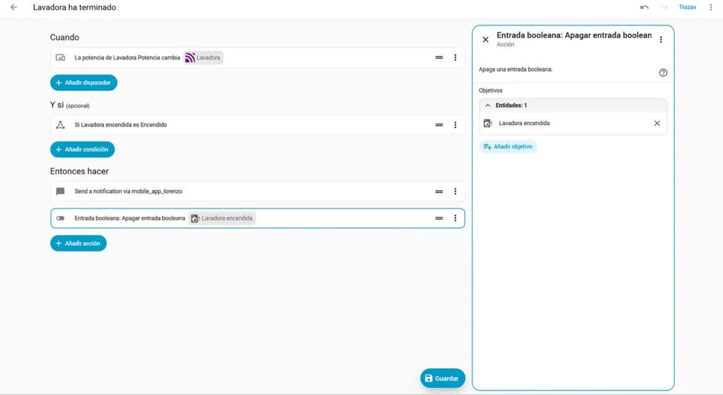 Acción de Home Assistant configurada para apagar el ayudante Lavadora encendida después de enviar la notificación de lavadora terminada.
