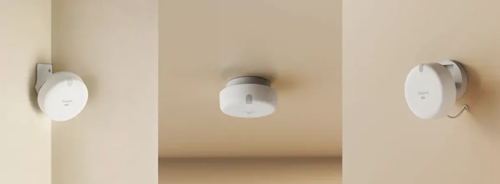 Aqara FP400 instalado en pared, techo y esquina para adaptar la cobertura de detección espacial
